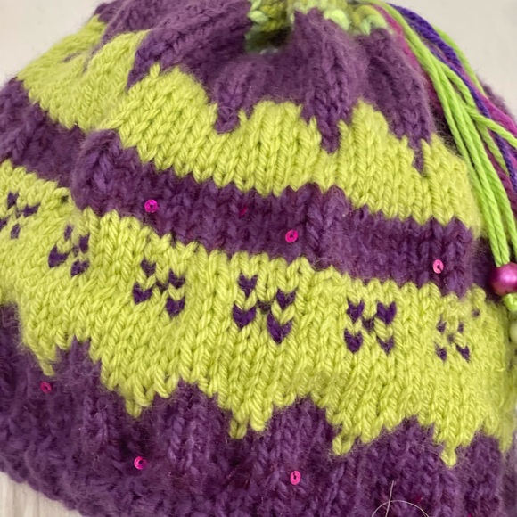Hand Knits 2 Love Beanie Hat Cap Fair-isle Tassel Beads Sequence Purple Lime - Picture 6 of 9